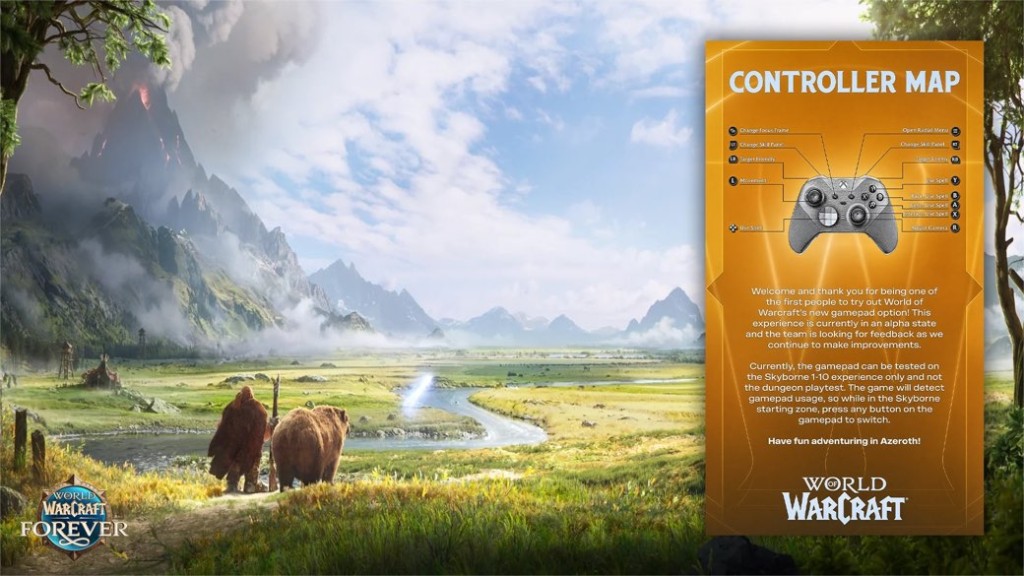 Official Forever Controller Map card. Xbox-layout bindings on the right, Skyborne valley art on the left. Copy says gamepad is alpha, Skyborne 1–10 only, not the dungeon playtest.