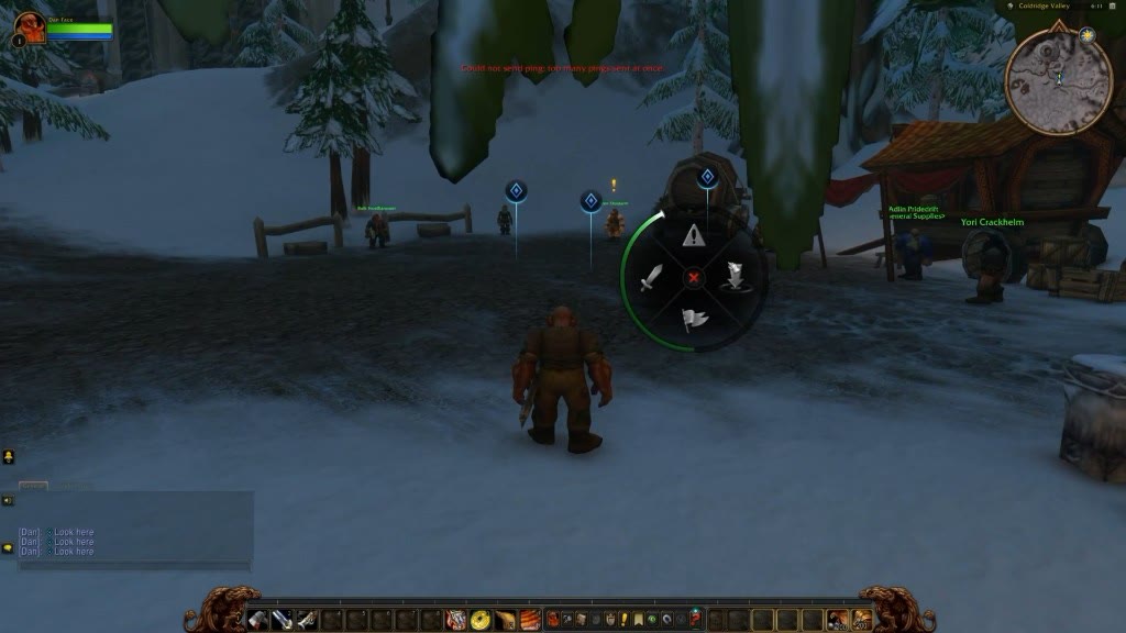 Dwarf in Coldridge Valley with a retail-style ping wheel open. Chat shows Look here. Red error: Could not send ping: too many pings sent at once.