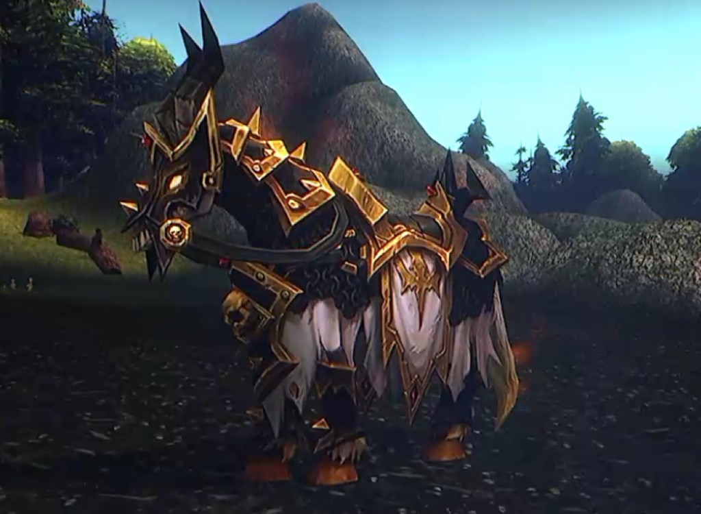 Unholy Paladin mount: a black horse in spiked gold-and-black armor with a skull faceplate and tattered white barding.