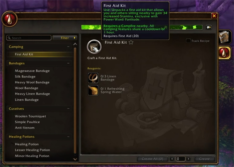 Forever First Aid window with First Aid Kit selected and its tooltip open