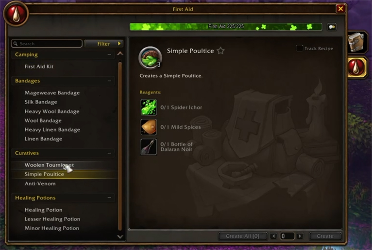 First Aid recipe for Simple Poultice, requiring Spider Ichor, Mild Spices, and Bottle of Dalaran Noir